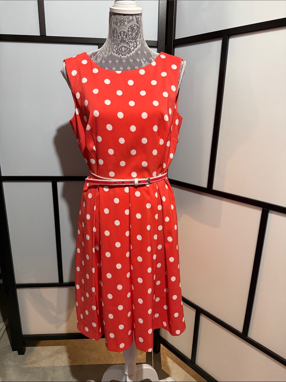 madison leigh Coral and White Polka Dot Sleeveless Belted Fit & Flare Dress
